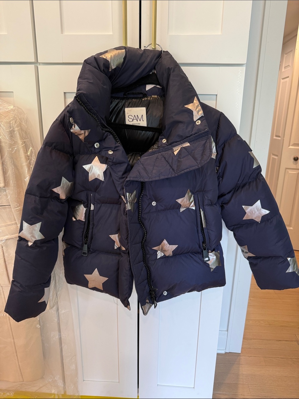 SAM. Navy Puffer Jacket with Metallic Silver Star Print